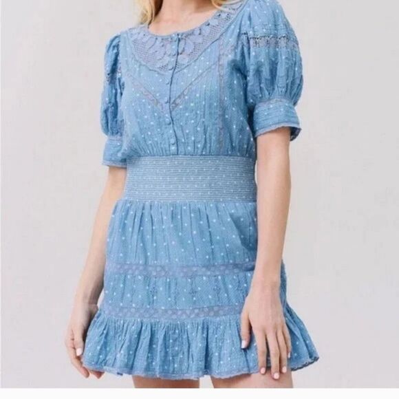 LoveShackFancy Jaislyn Blue Floral Lace Tiered Cotton Dress Size XS - Picture 2 of 11
